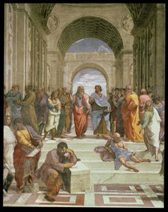 Athéni Iskola, a központ részlete különféle alakokkal, köztük Platón, Arisztotelész, Michelangelo Hérakleitoszként és Diogenész, 1510-11 freskórészlet 472-ből alkotó: Raffaello Sanzio Raphael