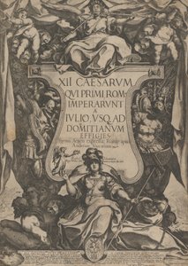 Elülső rész trombitákkal, trombitákkal, amelyek egy kartusz tetején ülnek, mellette a tr..., 1606.