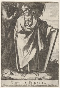 9. tábla: a fríg Szibilla, aki bal kezével egy tábla tetejét tartja, és rá mutat, 1609.