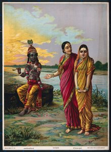 Krsna egy bizalmason keresztül kinyilvánította szerelmét Radha iránt, 1900 után (színes litó)