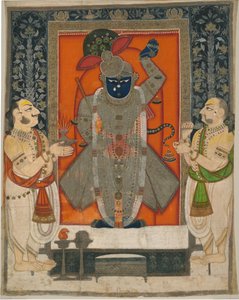 Papok, akik Krishnát Shrinathjiként imádják az Élelmiszer-hegy fesztiválján [Annakuta utsava]; függő szentély [pichhavai] alkotó: Rajasthan Kota school