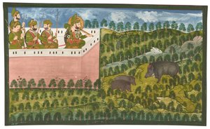Maharana Jawan Singh (1821-38) vaddisznóra vadászó festménye.