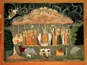 Krisna támogatja a Govardhana hegyet B Ustad Sahibdin, Bikaner alkotó: Rajput School