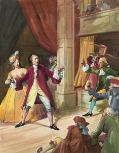 David Garrick (1717-79) a színházlátogatók lázadásával szemben (gouache, papír) alkotó: Ralph Bruce