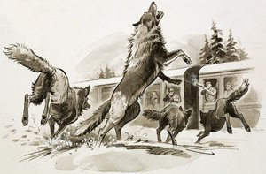 Egy hófödte vonat utasai éhes farkasok ellen harcolnak (gouache, papír)