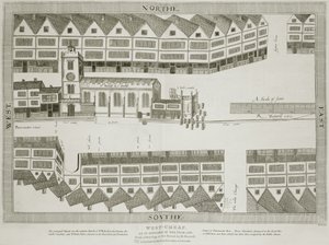 West Cheap, ahogyan 1585-ben megjelent, Bartholemew Howlett (1767-1827) metszete, 1814-ben megjelent alkotó: Ralph Treswell
