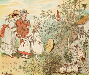A macska és a cicái bukdácsolva jöttek be, a "A béka ő A-Wooing Go"-ból. alkotó: Randolph Caldecott
