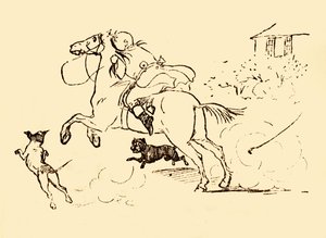 John Gilpint kutyák üldözik, miközben a lova irányíthatatlanul vágtat, 1878, 1918. alkotó: Randolph Caldecott