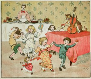 A macska és a hegedű és a gyerekzsúr illusztrációja a Hey Diddle Diddle Diddle című filmből alkotó: Randolph Caldecott