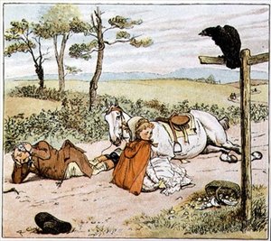 A gazda a földön, az "Egy farmer ügetett a szürke kancáján" című filmből alkotó: Randolph Caldecott