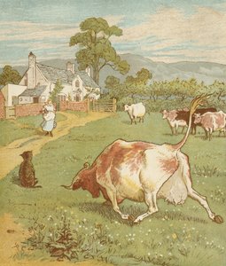 A ház, amelyet Jack épített" halmozó mondóka. Ez a gyűrött szarvú tehén, amely megdobta a kutyát... Illusztráció: Randolph Caldecott. alkotó: Randolph Caldecott