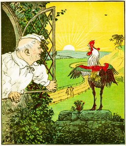 "Ez az a kakas, amely reggel kukorékolt, és felébresztette a bírót borotváltan és megnyírva" - illusztráció a Jack által épített házból alkotó: Randolph Caldecott