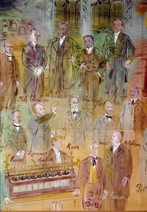 La Fee Electricite, részlet: Tudósok és értelmiségiek portréi: Jules Francois Joubert, Elihu Thomson, Ernst Werner Siemens, Charles Proteus Steinmetz, Marcel Deprez, Gaston Plante, Gabriel Lippmann, John Kerr, Maurice Leblanc, Humphrey Da alkotó: Raoul Dufy