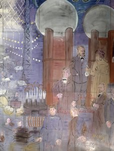 La Fee Electricite, a bal oldal részlete, tudósokat ábrázolva alkotó: Raoul Dufy