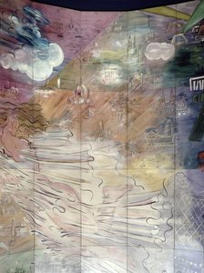 La Fee Electricite, a bal oldali részlete, amely különböző városokat ábrázol. alkotó: Raoul Dufy