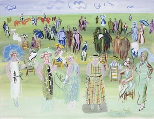Poiret manökenek a versenyeken, kék esernyőkkel; Les Mannequins de Poiret aux Courses, a l