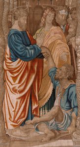 Flamand kárpit. Az Apostolok cselekedetei sorozat. A sánta ember csodája (El milagro del paralítico). Harmadik kárpit a sorozatban. Rafael Sanzio rajzfilmmodellje. 1519. Gyártás Jan Raes II, Brüsszel. Ca1605-1629. Szövet Selyem és gyapjú. Mérete 524x400 alkotó: Raphael