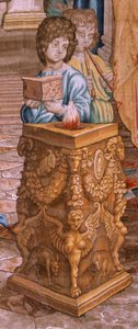 Flamand kárpit. Az Apostolok Cselekedetei sorozat. Szent Pál és Szent Barnabás Lystrában (San Pablo y San Bernabé en Lystra). 8. kendő a sorozatban, ketté lett osztva, hogy a szobához igazítsák. Rafael Sanzio rajzfilmmodellje. 1519. Gyártás Jan Raes alkotó: Raphael