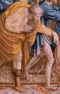 Flamand kárpit. Az Apostolok Cselekedetei sorozat. Szent Pál és Szent Barnabás Lystrában (San Pablo y San Bernabé en Lystra). 8. kendő a sorozatban, ketté lett osztva, hogy a szobához igazítsák. Rafael Sanzio rajzfilmmodellje. 1519. Gyártás Jan Raes alkotó: Raphael