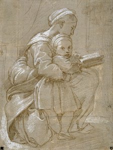 Egy nő egy széken ülve olvas, mellette egy gyerek (fémhegy és fehér testszín a papíron) alkotó: Raphael