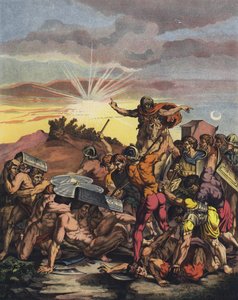 Józsué megparancsolta a Napnak, hogy álljon meg a gibeoni csatában, amikor az izraeliták meghódították Kánaánt (színes litho) alkotó: after Raphael