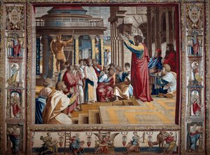 Szent Pál apostol prédikál az Athenes Gobelin aeropagejában Raffaello Sanzio dit Raphael (1483-1520) kartonra festése után, a 16. század eleje V. 4,95x6,45 m Mantua, hercegi palota (Mantua)