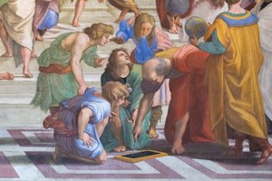 Euklidész vagy Arkhimédész: részlet az athéni iskolából a Stanza della Segnaturában