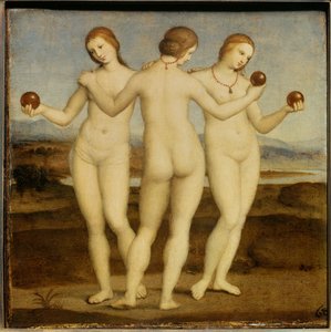 A három kegyelem Raffaello Sanzio dit Raphael (1483-1520) festménye. 1504-1505. Chantilly. Conde Múzeum. alkotó: Raphael