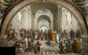 Az athéni iskola. Freskó a Stanza della Segnaturában, kb. 1510-1511. alkotó: Raphael