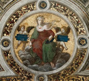Teológia. Mennyezeti freskó a Stanza della Segnaturában, kb. 1510-1511. alkotó: Raphael