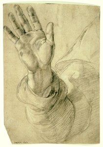 Felemelt jobb kéz, tenyérrel kifelé: Tanulmány Szent Péter számára, 1518-20 alkotó: Raphael