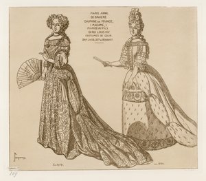 Udvari jelmezek. Marie Anne de Baviere, a francia Dauphine, feleségül vette XIV. Lajos király fiát. A Bonnart gyűjteményben található műalkotások után. alkotó: Raphael Jacquemin
