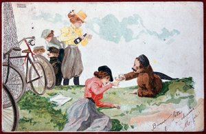 Country Party: Piknik és kerékpározás - R. Kirchner illusztrációja, 1900. év