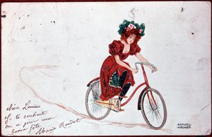 Képeslap egy kerékpáros nőről - R. Kirchner illusztrációja, 1900. év