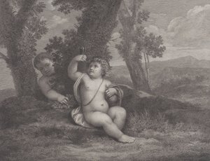 A csecsemő Bacchus egy fa alatt ül, feltart egy borospoharat, mögötte egy másik csecsemő..., 1780