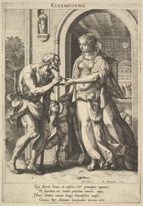 Alamizsnaosztó: gyöngyházas fejdíszes, glóriás nő kenyeret nyújt két férfi koldusnak, egynek..., 1589.