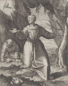 Szent Ferenc kitárt karral térdel, a bal felső sarokban egy kerub felé néz,..., 1599.