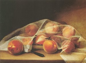 Gyümölcsdarabok őszibarackkal, zsebkendővel borítva-raphaelle peale alkotó: Raphaelle Peale