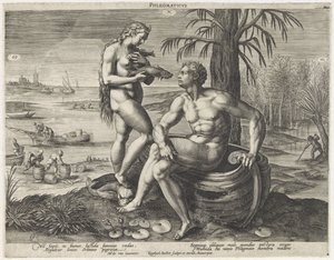 Flegmatisch temperamentum Phlegmaticus (cím a tárgyon) Vier temperamenten (sorozat címe) alkotó: Raphaël Sadeler (I)