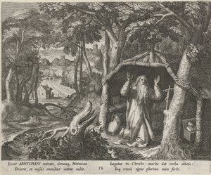 Metzi Szent Arnold remeteként Remeték erényes élete (sorozat címe) Trophaeum vitae solitariae (sorozat címe) alkotó: Raphaël Sadeler (I)