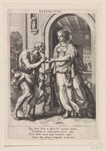 Adomány Eleemosyna (cím a tárgyon) Hat keresztény erény (sorozat címe) alkotó: Raphaël Sadeler (I)