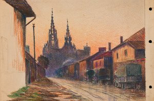 Katonai teherautók egy kelet-franciaországi város utcáján, 1914-18 körül (ceruza, papír) alkotó: Raymond Bonnefon