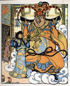 Aladdin, Badroulboudour hercegnő és a dzsinn az afrikai varázsló teste előtt: illusztráció az "Aladin vagy a csodálatos lámpa" című meséhez az "Ezeregyéjszaka"-ból.