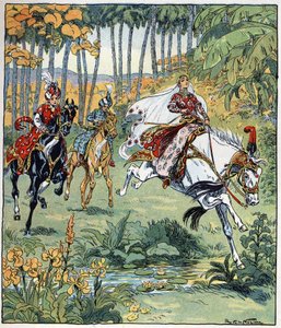 Parizade megelőzi testvéreit, Bahmant és Pervis-t a lóversenyben. Raymond de La Neziere (1865- 1953) illusztrációja a "Histoire des deux sœurs jealous de leur cadette" című meséhez a "Les mille et une nuits" (Les 1001 nuits ou Le mille e una notte, A