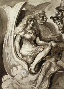 Lovasok egy sellőalagút csónakban: Kétoldalas akvarell alkotó: Reginald Marsh