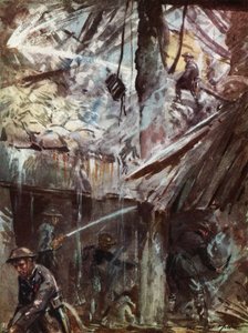A háborús brit Nemzeti Tűzoltóság tűzoltói csillapítottak egy légitámadást a Blitz idején, a II.