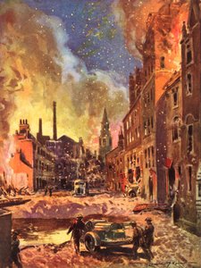 A háborús brit nemzeti tűzoltóság tűzoltói egy nagy bombakrátert vizsgálnak meg a Blitz idején, a II
