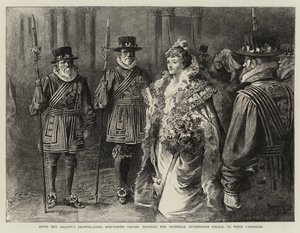 Őfelsége szalonja után a Buckingham-palota előcsarnokán át a hintóikhoz tartó debütánsok (metszet) alkotó: Reginald Thomas Cleaver