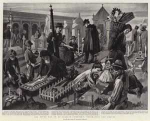 Mindenszentek napja egy olasz temetőben, a sírok díszítése (lithó) alkotó: Reginald Thomas Cleaver