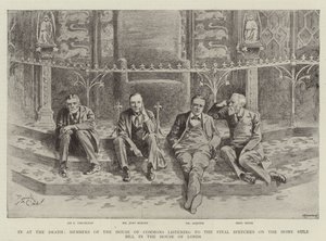 Az alsóház tagjai a halálban, amint a Lordok Házában hallgatják a Home Rule Billről szóló záróbeszédeket (metszet). alkotó: Reginald Thomas Cleaver